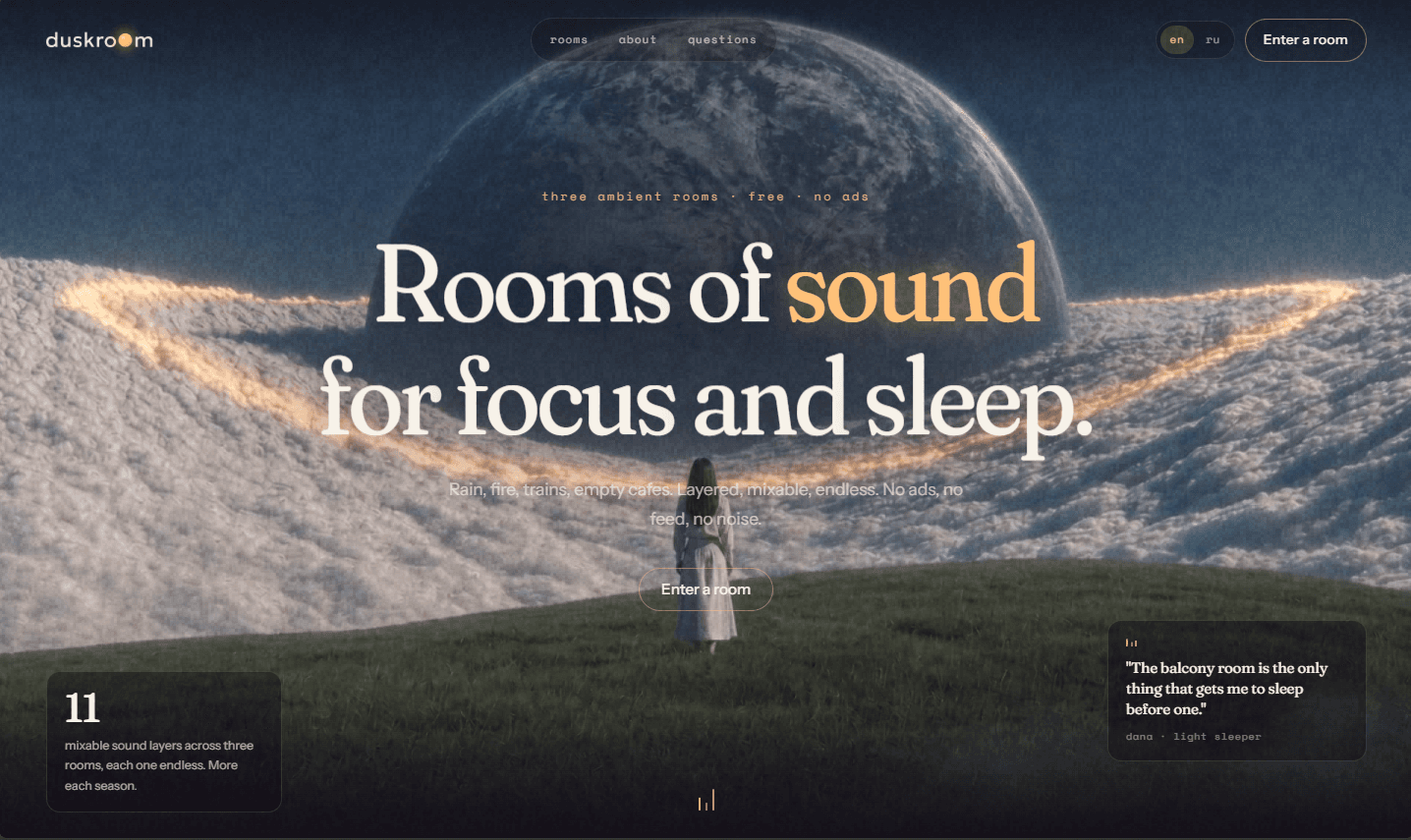 The Duskroom landing page: a figure standing on a moonlit hillside above a sea of clouds, under the headline "Rooms of sound for focus and sleep", with a counter reading 11 mixable sound layers across three rooms.