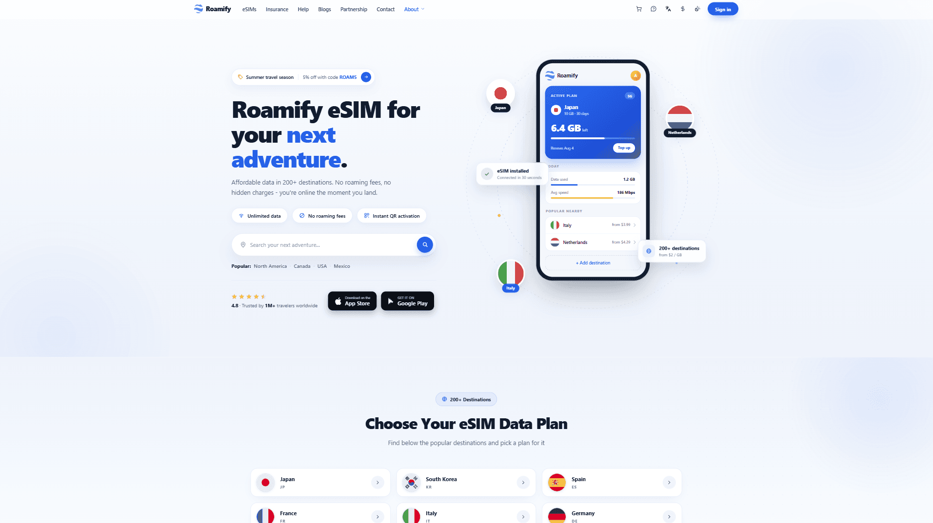Главная страница Roamify с платформой туристических eSIM и оптимизированным для поиска интерфейсом