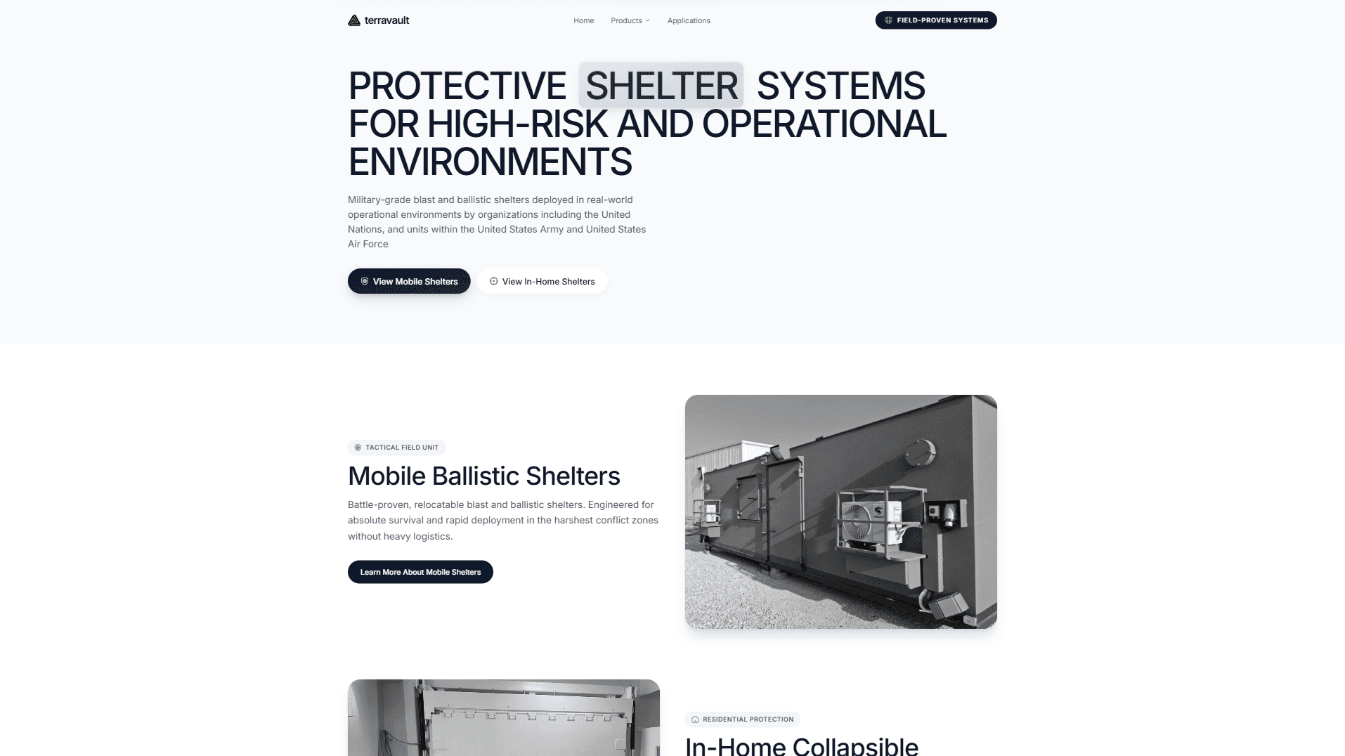 Главная страница сайта Terravault с защитными укрытиями военного класса