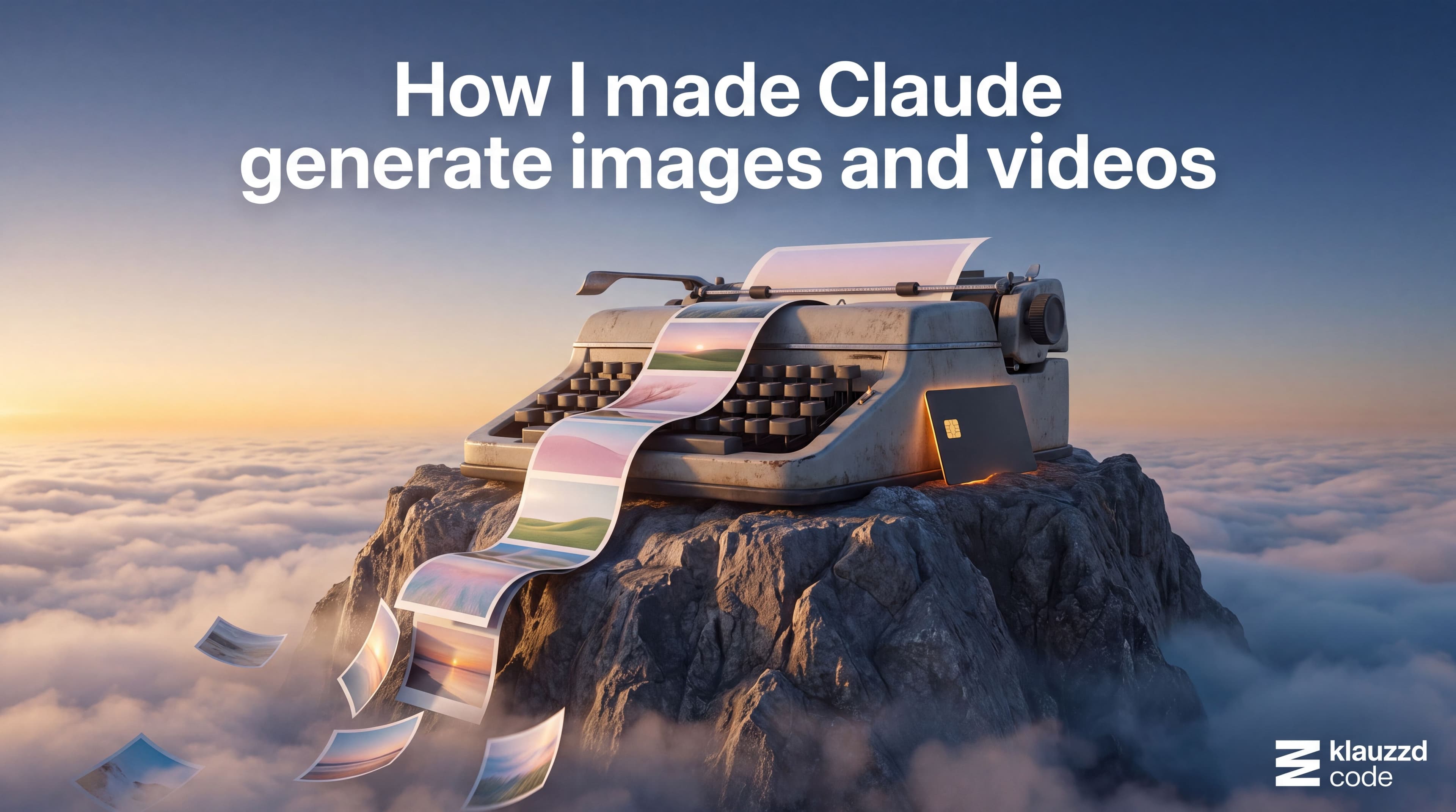 Hyperreal cover: a vintage typewriter on a rocky pinnacle above a sea of clouds at golden hour, a ribbon of glossy pastel landscape photographs flowing from its paper slot down the rock, loose prints drifting into the clouds, and a matte-black card with a gold chip glowing beside the machine. Text at the top reads "How I made Claude generate images and videos", with the klauzzdcode logo in the bottom-right corner.